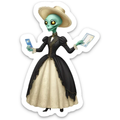 alien galora in Victorian dress elegant, full body, holding big credit card sticker