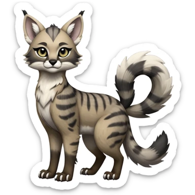 Cute kawaii cool edgy badass  ashen grey fur with smoky charcoal ombré fade fantasy-caracal-civet-genet-sergal-vernid-Gryphon-Cacomistle-Trico-oncilla-animal-Fakémon-hybrid-fursona (full body), facial markings, (realism style) sticker
