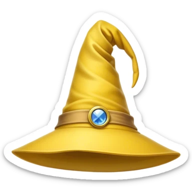 A yellow wizard hat with a classic pointed shape, slightly curved at the tip. The hat has a soft fabric texture with subtle folds, and a wide brim. The design is cartoon-style, with smooth shading, simple details, and a playful, magical look. sticker