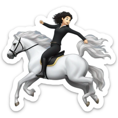 a  JET BLACK HORSE JUMPING AN OBTACLE, tHE HORSES RIDER IS A YOUNG FEMALE WITH LONG CURLY BRUNNET HAIR sticker