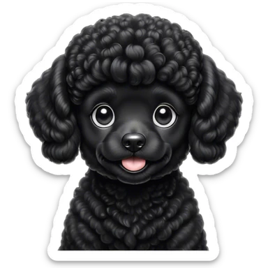 Cinematic Cute Black Poodle Portrait Emoji, Head tilted playfully and inquisitively, showcasing a bouncy, curly jet-black Fur with a striking sheen, round, sparkling dark eyes filled with curiosity, Simplified yet irresistibly adorable features, highly detailed, glowing with a warm, friendly glow, high shine, affectionate and lively, stylized with a touch of whimsy, bright and endearing, soft glowing outline, capturing the essence of a mischievous yet loving companion, so playful it feels like it could bounce out of the screen and into your arms! sticker