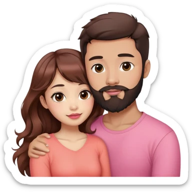 handsome asian man with beard, hugging cute woman with light tan skin, big black eyes, long wavy reddish brown hair, bangs, pink top, coral lipstick sticker
