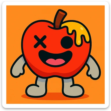 vibrant-toon style apple plush character, light grey arms and legs, left eye is an X, yellow ichor dripping from stem, big smiling mouth, no leaf sticker