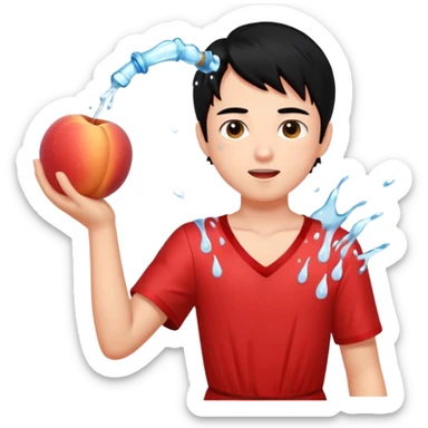 a peach splashing water in boy's mouth above his with black hair and red dress sticker