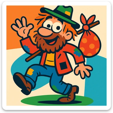 cartoonish character with scruffy hair and a bum-like appearance, playful and humorous sticker