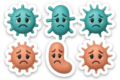 EMOJI STILE IPHONE DI 3 BATTERI INTESTINALI di forme diverse turchesi tristi e 3 batteri intestinali rosa salmone tristi CHE FLUTTUANO IN ARIA IPERREALISTICO 4K sticker