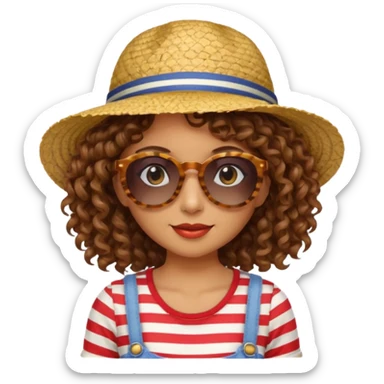 curly hair woman with striped clothing sun glasses and straw hat sticker