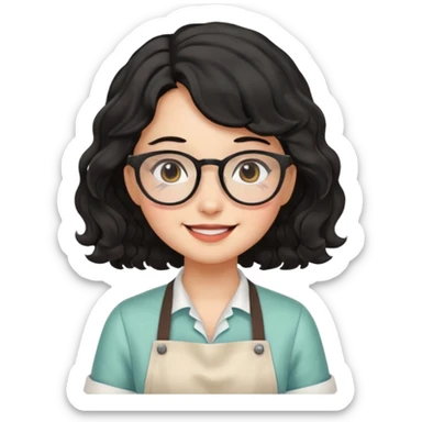 girl with apron, black wavy hair, wearing glasses, a little blush on her cheek sticker