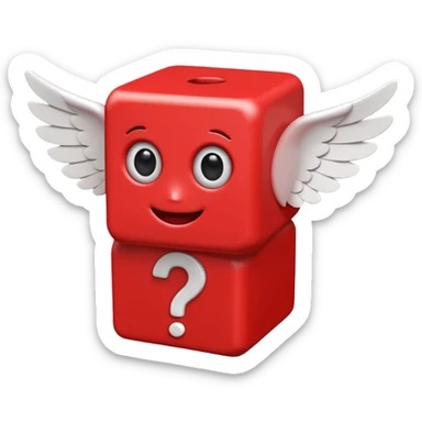 playful red cube figure with white accents, featuring large cartoonish eyes with question marks, a smiling mouth, and small wings attached to its sides sticker