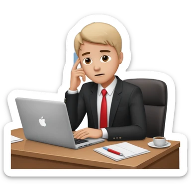 A man in corporate attire sitting at a desk, having fatigue while working on a laptop sticker