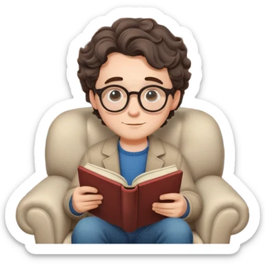 Charming intellectual boyfriend with round glasses, reading a book, sitting in a cozy armchair, bookshelf in the background, slight smirk, messy curl sticker