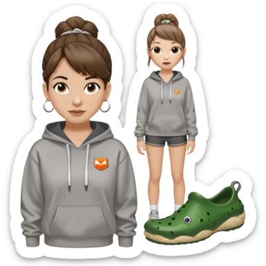 can you make a white girl with brown hair that is in a bun  and brown eyes and a normal white person nose and then she is wearing a grey hoodie mclaran formula 1 and wearing dirty white crocs with taylor swift gibits, 3 on each croc and she has 4 ear peiecings and hoop and stud and black shorts
 sticker