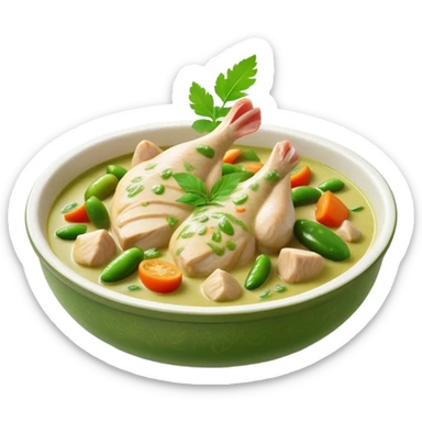 Cinematic Realistic Green Chicken Curry Dish Emoji, depicted with tender chicken simmered in a fragrant green curry sauce with vegetables rendered with rich textures and dynamic, vibrant lighting. sticker