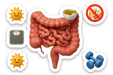 intestino umano anatomico realistico al centro, intorno al quale ruotano emoji stile iphone di: due batteri intestinali felici, una bowl di insalata, una bilancia pesapersone, manubri da palestra, e un boccale di birra con divieto 3d sopra, una sigaretta con divieto 3d sopra e un wurstel con divieto 3d sopra, fluttuano in aria, iperrealistico 4k sticker