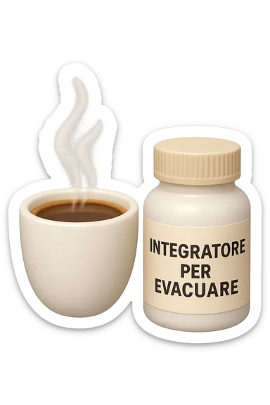EMOJI STILE IPHONE 3D DI un caffè e di una boccetta di integratore con la scritta "INTEGRATORE PER EVACUARE" SULL'ETICHETTA CHE FLUTTUANO IN ARIA, iperrealistico 4k sticker