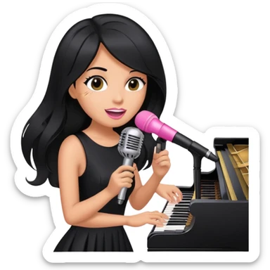 pink microphone, music, singing, playing piano, long black hair tanned woman, black glam dress sticker