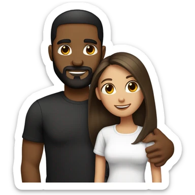 light skin woman with very long straight brown hair hugging black man with very short dark hair and a long dark beard wearing a white tshirt sticker