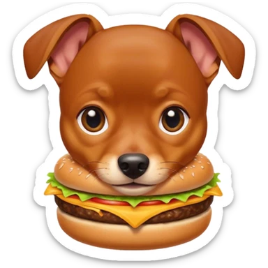 Miniature pinscher dog with white paws eating a giant, juicy hamburger sticker