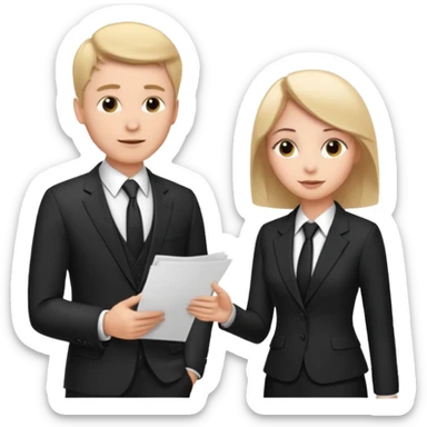 white man in formal suit talking to white woman in formal suit, they sit, papers in hands sticker