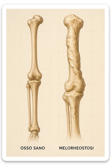 A highly realistic medical illustration focusing on a human arm and leg bones affected by melorheostosis. The bones appear visibly thickened, irregular, and larger than normal, with clear, layered bone growth resembling melted wax dripping down the side of the bones. The image shows a side-by-side comparison with a healthy bone for clarity, highlighting the difference in size and texture. The color palette includes neutral bone colors with subtle shading to show the abnormal contours and ridges. The background is clean and minimalistic, with faint anatomical grid lines for a scientific, educational feel. The overall mood is informative and precise, conveying the key visual characteristic of melorheostosis: progressive bone thickening that makes bones visibly larger and irregular. in italiano sticker