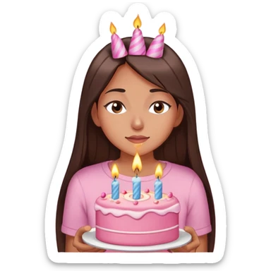 A woman with long dark straight  brown hair, brown eyes,wearing a cute top, eyes closed, blowing out a birthday candle on pink cake while making a wish.” sticker