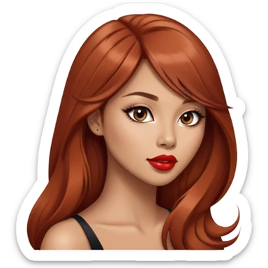 gorgeous woman, light tan skin, very long auburn hair, side bangs, black eyes, lipstick, model, latina, asian, mixed sticker