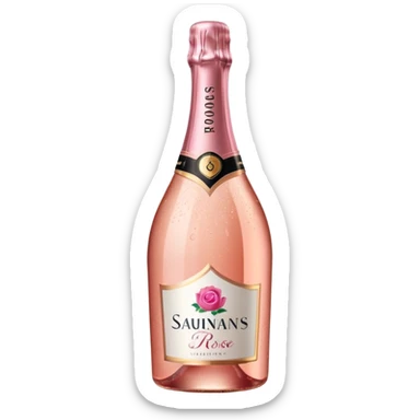 bottle of sparkling rosé champagne with a rose logo on the label, tilted up and to the right, no glass sticker