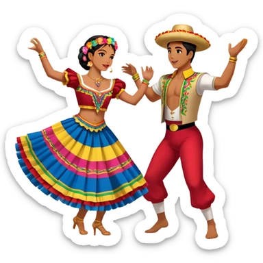 Cinematic Realistic scene of two dancers performing Cumbia, adorned in colorful traditional Colombian costumes with intricate details, captured in rhythmic motion with lively, festive lighting sticker