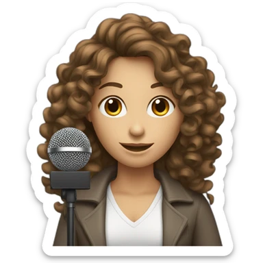 curly dark long hair caucasian woman with podcast microphone sticker