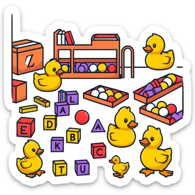 playroom floor with scattered toys - plush teddy, rubber duck, alphabet blocks, bouncy ball, action figures sticker