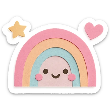 kawaii tiny rainbow with floating star and heart around, no arms, no legs, transparent background, full body, soft pastel kawaii paper craft style sticker