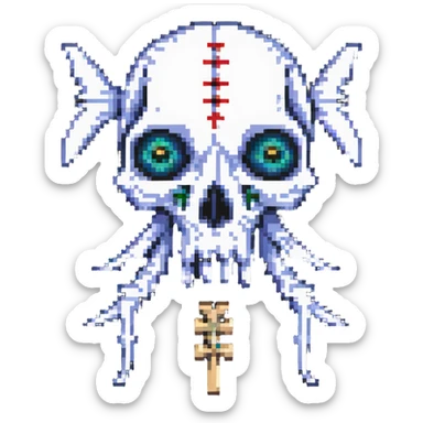 pixel art fish skull logo with X eyes and bone elements sticker