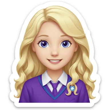 A pale girl with blue eyes and long and blonde , wavy hair , smiling wearing a purple school uniform  sticker