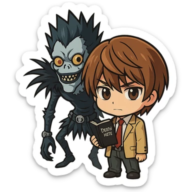 chibi style Light Yagami from Death Note holding the Death Note, Ryuk in the background, brown hair, school uniform sticker