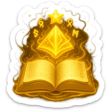 Make the mystic yellow book even more mystical in the style of apple emojis. Add a glowing magical aura, floating runes, swirling sparkles, and mysterious energy around the book. Keep no background. sticker