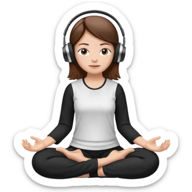 White girl, brown hair meditating with headphones on and black and white clothes sticker