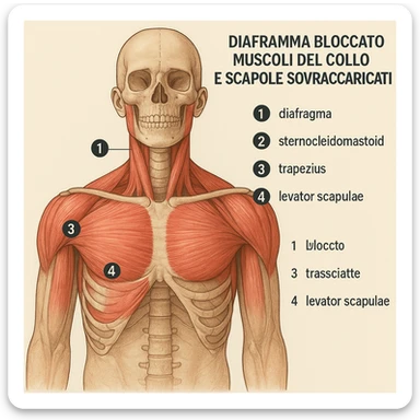 schema anatomico con numeri e legenda, diaframma bloccato, muscoli del collo e scapole sovraccaricati, spiegazione dettagliata in italiano sticker