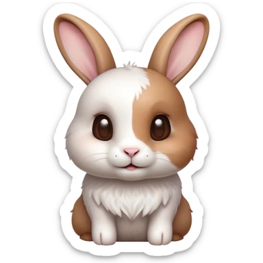 Cinematic Cute White and Brown Rabbit Portrait Emoji, Head tilted playfully and inquisitively, featuring a silky fur with a delicate mix of white and brown patches, round, sparkling eyes filled with curiosity, Simplified yet irresistibly adorable features, highly detailed, glowing with a warm, friendly glow, high shine, affectionate and lively, stylized with a touch of whimsy, bright and endearing, soft glowing outline, capturing the essence of a mischievous yet loving bunny, so playful it feels like it could hop out of the screen and into your arms! sticker