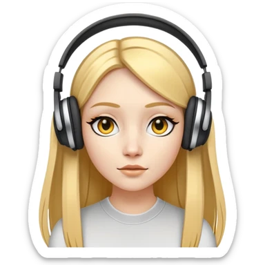 A white skinned girl with a three-dimensional face shape from Europe and America has long, straight golden center part hair Wearing headphones Upperhung eyeliner and two earrings sticker