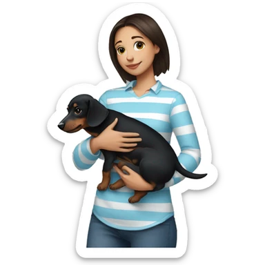 brunette girl with a light blue and white striped shirt holding a black dachshund puppy in her arms sticker