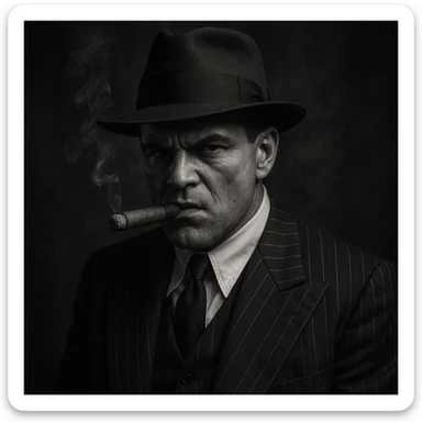 1920s Chicago mobster wearing a pinstripe suit, fedora hat, and smoking a cigar, with a tough expression, moody noir style, vintage gangster atmosphere sticker