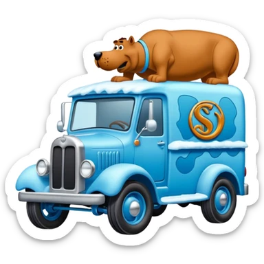 The Flintstones shiny crushed-dark-ice-blue frozen Scooby Doo 1912 antique long-wheelbase snub-nose off-road moving truck  sticker