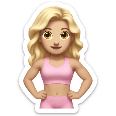 White woman, pale skin, long hair, blonde hair, wavy hair, baby pink sports bra, baby pink leggings, flexing right arm sticker