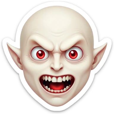 Cinematic Comical Vampire Portrait Emoji, with a sharply stylized, slightly caricatured pale face accented with exaggerated fangs and overly dramatic wide eyes filled with comic shock, head tilted in a hilariously startled pose, simplified yet amusingly detailed, glowing with a soft mysterious glow and a playful outline capturing the quirky humor of a vampire in disbelief! sticker