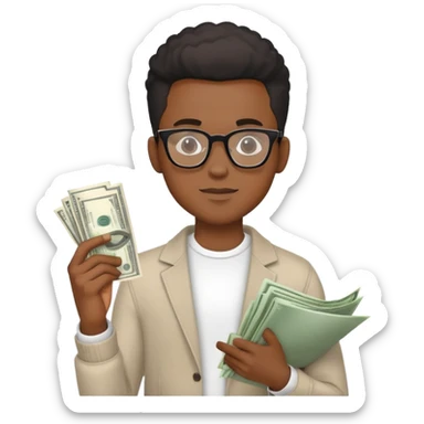  Venture capital. Young black man with stylish glasses in casual clothes and a term sheet and money sticker