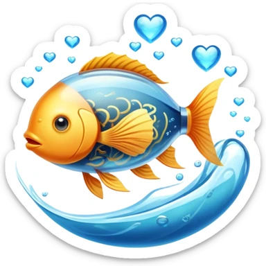 Golden fish in blue water transforming into an omega-3 capsule, with ethereal energy connecting to a heart and brain, showing the origin of omega-3 from fish sticker