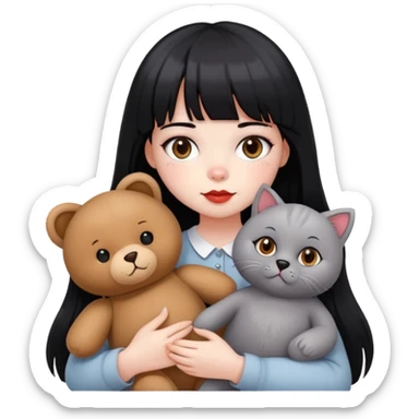 girl,white face,black eyes,red cheeks,long black hair with bangs,holding a British grey cat and a brown teddy bear sticker