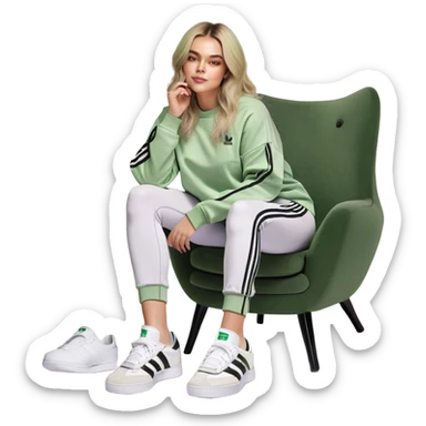 Girl long bright blonde highlighted hair middle part with rosy cheeks and plump mauve lips green eyes and wearing a white sweatshirt and black leggings with black and white adidas OG Samba sneakers sitting in a cozy chair posing with legs over the side of chair  sticker