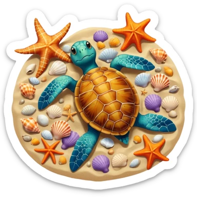 turtle, starfish, and shells together on sandy beach, top-down view sticker