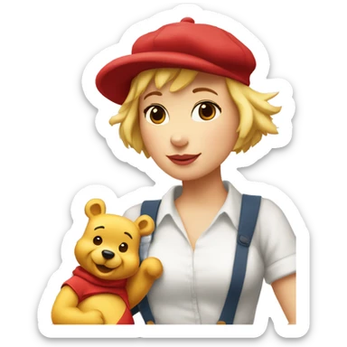 parisien style white female pooh, with red beret on head like painter and baguette in arms, and with eiffel tower in background sticker